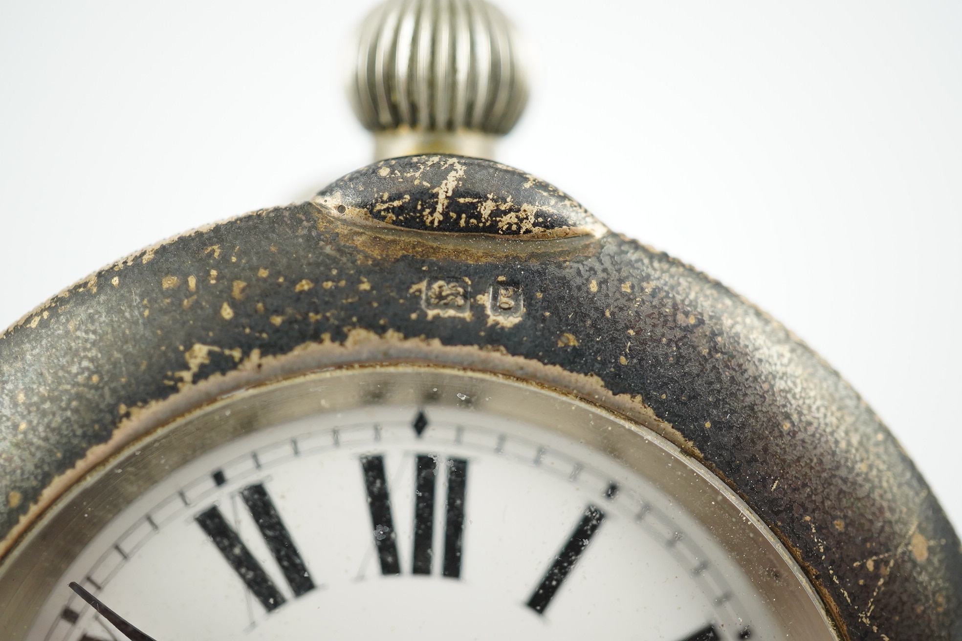 An Edwardian silver watch mounted glass inkwell, maker's mark rubbed